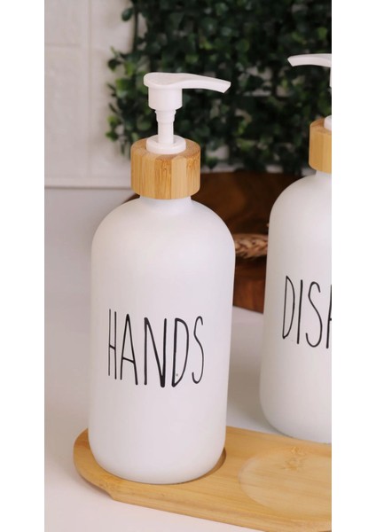Elite 2’li Beyaz Mutfak Cam Sıvı Sabunluk Seti 500ML 500ML Bambu Standlı 1 Adet