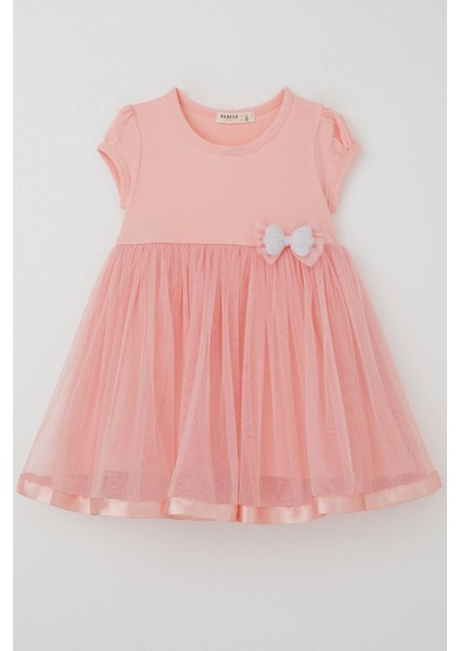 Kız Çocuk Elbise Tüllü Simli Fiyonk Aksesuarlı 2-6 Yaş, Somon