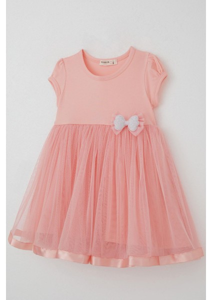 Kız Çocuk Elbise Tüllü Simli Fiyonk Aksesuarlı 2-6 Yaş, Somon modelleri
