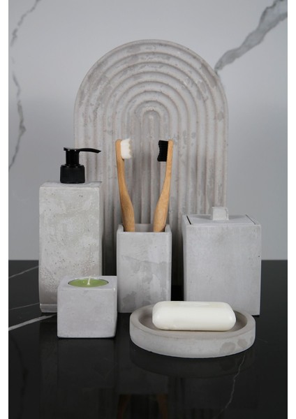 Elite 7 Parça Beton Banyo Seti Katı Sıvı Sabunluk Tepsi Diş Fırçalığı Mumluk Tütsülük Sunumluk 1 Adet