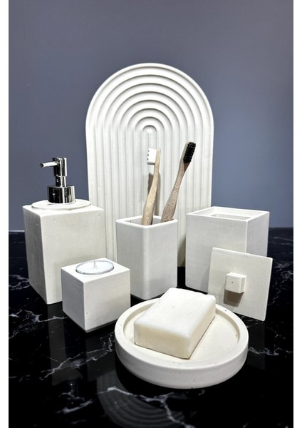 Elite 7 Parça Beton Banyo Seti Katı Sıvı Sabunluk Tepsi Diş Fırçalığı Mumluk Tütsülük Sunumluk 1 Adet