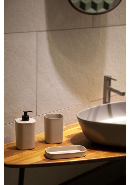 Elite Creative 3 Parça Banyo Seti - Sıvı Sabunluk - Diş Fırçalık - Süngerlik Hazneli Stantlı Bej 1 Adet