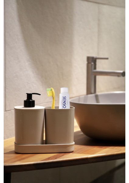 Elite Creative 3 Parça Banyo Seti - Sıvı Sabunluk - Diş Fırçalık - Süngerlik Hazneli Stantlı Bej 1 Adet