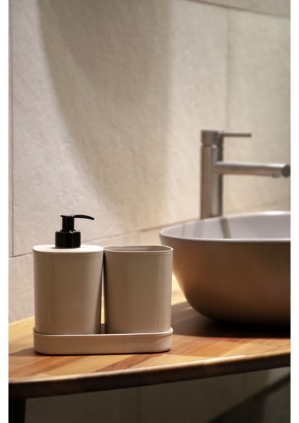 Elite Creative 3 Parça Banyo Seti - Sıvı Sabunluk - Diş Fırçalık - Süngerlik Hazneli Stantlı Bej 1 Adet