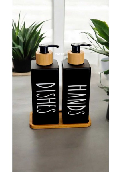 Elite 2’li Siyah Dekoratif Mutfak Banyo Sıvı Cam Sabunluk Seti 500 ml Bambu Stantlı Set 1 Adet