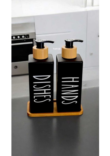 Elite 2’li Siyah Dekoratif Mutfak Banyo Sıvı Cam Sabunluk Seti 500 ml Bambu Stantlı Set 1 Adet