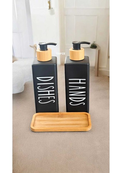 Elite 2’li Siyah Dekoratif Mutfak Banyo Sıvı Cam Sabunluk Seti 500 ml Bambu Stantlı Set 1 Adet