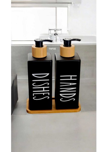 Elite 2’li Siyah Dekoratif Mutfak Banyo Sıvı Cam Sabunluk Seti 500 ml Bambu Stantlı Set 1 Adet