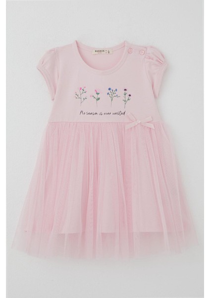 Kız Çocuk Elbise Çiçek Baskılı Tüllü Fiyonk Detaylı 1.5-5 Yaş, Pembe