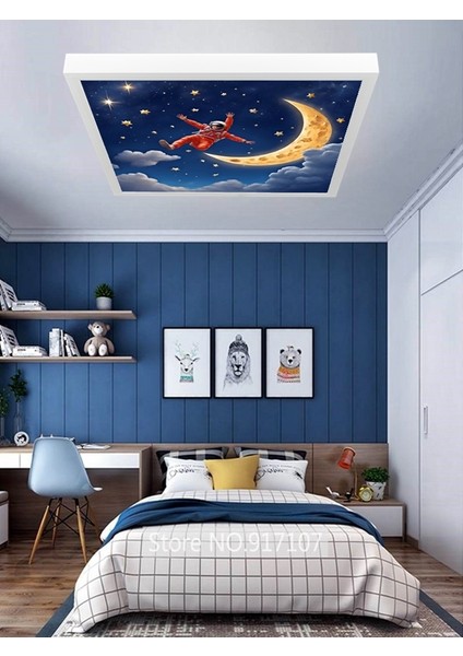 Uzay, Astronot, Yıldız Avize, 60WATT, Beyaz Işık, 60X60 Modern Kare LED Avize, Çocuk Odası Uzay