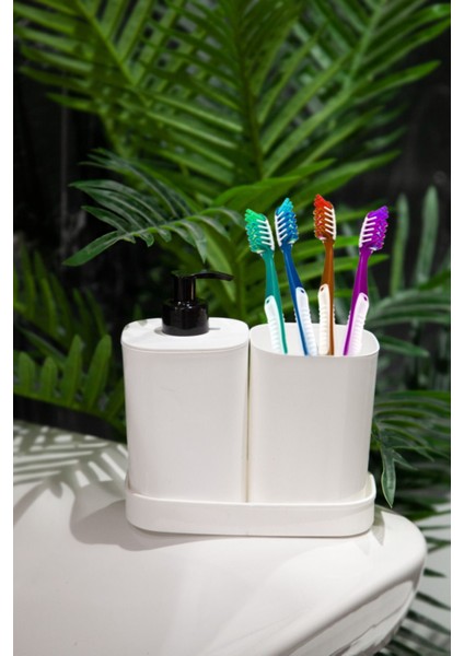 Elite Creative 3 Parça Banyo Seti - Sıvı Sabunluk - Diş Fırçalık - Süngerlik Hazneli Stantlı Beyaz 1 Adet