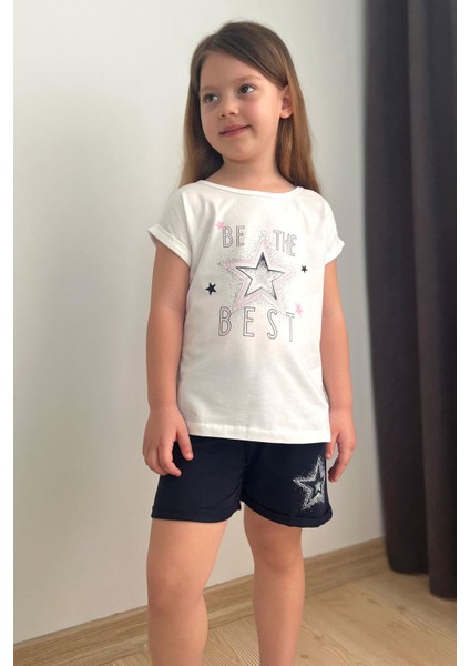 Kız Çocuk Şortlu Takım Yıldız Baskılı Beli Lastikli 5-10 Yaş, Beyaz