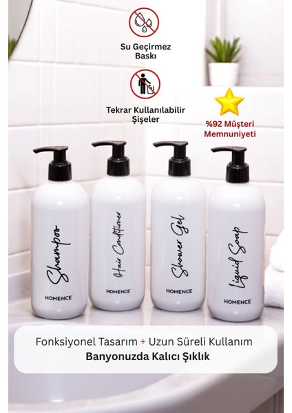 Elite Şampuan Duş Jeli Saç Kremi Sıvı Sabun Baskılı Plastik Şişe Banyo Seti 4'lü Beyaz Sabunluk 500 ml 1 Adet