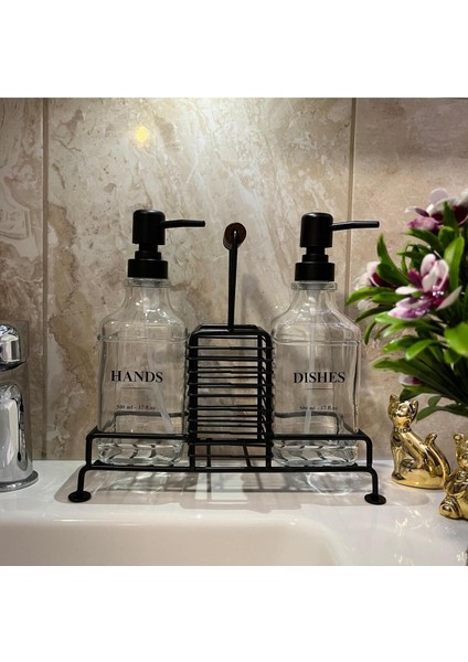 Elite Dayanıklı Metal Stand & 2'li Cam Sabunluk - Siyah 1 Adet