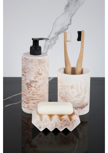 Elite 3 Parça Mermer Desenli Beton Banyo Seti Sıvı Sabunluk Diş Fırçalığı Katı Sabunluk 1 Adet