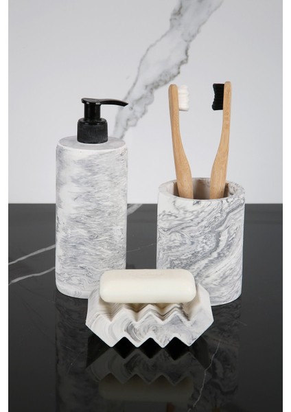 Elite 3 Parça Mermer Desenli Beton Banyo Seti Sıvı Sabunluk Diş Fırçalığı Katı Sabunluk 1 Adet