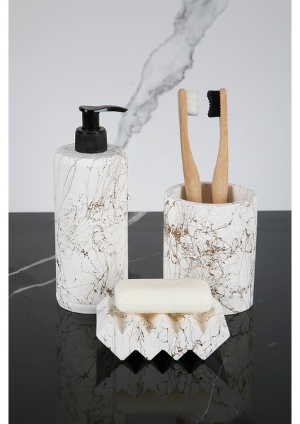 Elite 3 Parça Mermer Desenli Beton Banyo Seti Sıvı Sabunluk Diş Fırçalığı Katı Sabunluk 1 Adet
