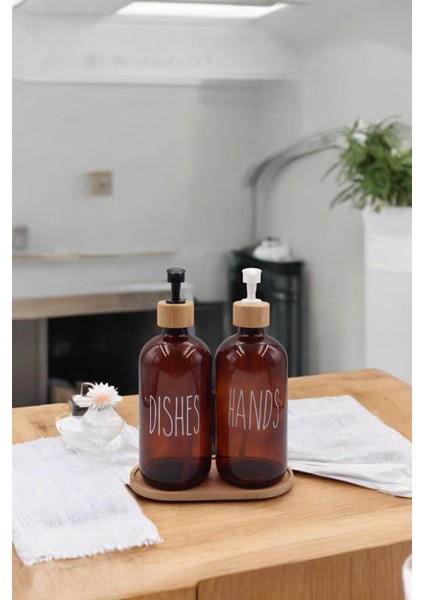 Elite Premium Cam Sıvı Sabunluk Seti – 2’li | Bambu Altlıklı | 500 ml | Estetik & Fonksiyonel- 3 Parça 1 Adet