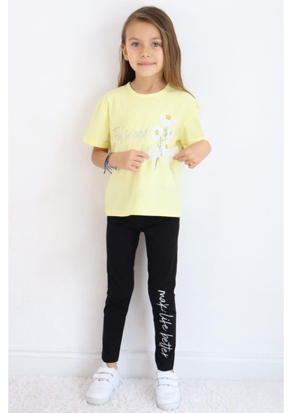 Kız Çocuk Taytlı Takım Çiçek & Yazı Baskılı Fiyonklu 5-10 Yaş, Sarı