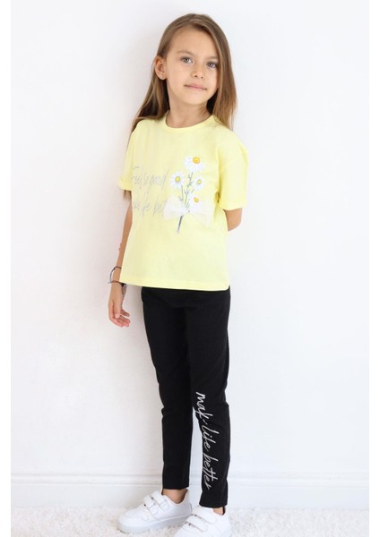 Kız Çocuk Taytlı Takım Çiçek & Yazı Baskılı Fiyonklu 5-10 Yaş, Sarı fiyatları