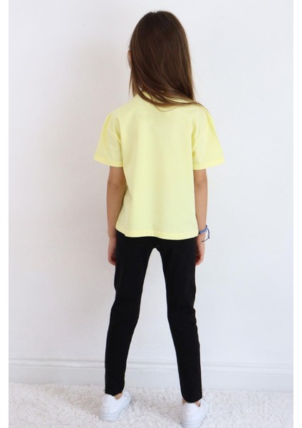 Kız Çocuk Taytlı Takım Çiçek & Yazı Baskılı Fiyonklu 5-10 Yaş, Sarı modelleri