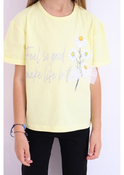 Kız Çocuk Taytlı Takım Çiçek & Yazı Baskılı Fiyonklu 5-10 Yaş, Sarı fırsatları