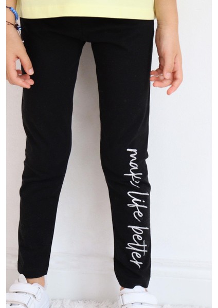 Kız Çocuk Taytlı Takım Çiçek & Yazı Baskılı Fiyonklu 5-10 Yaş, Sarı indirimleri