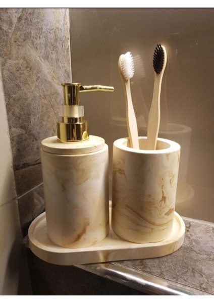 Elite 3'lü Bej Mermer Serisi Banyo Seti, Sıvı Sabunluk Diş Fırçalığı Beton Aksesuar Takım 1 Adet