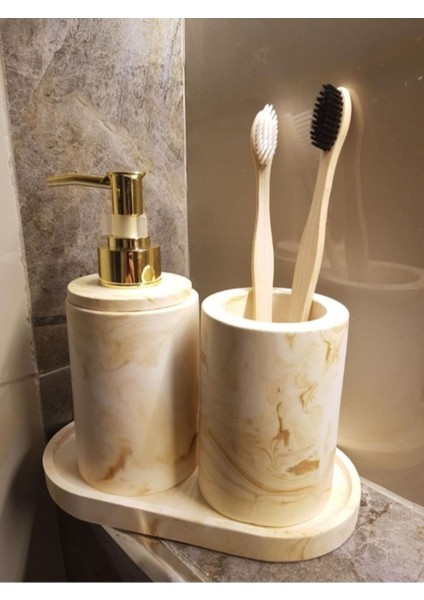 Elite 3'lü Bej Mermer Serisi Banyo Seti, Sıvı Sabunluk Diş Fırçalığı Beton Aksesuar Takım 1 Adet fiyatları