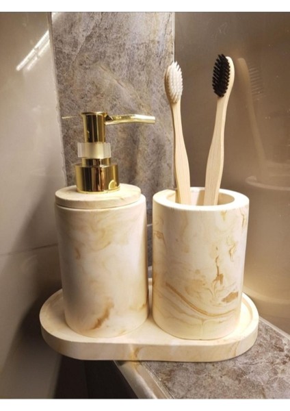 Elite 3'lü Bej Mermer Serisi Banyo Seti, Sıvı Sabunluk Diş Fırçalığı Beton Aksesuar Takım 1 Adet modelleri