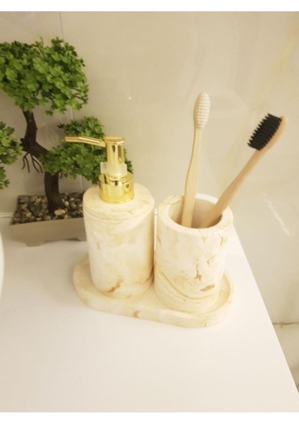 Elite 3'lü Bej Mermer Serisi Banyo Seti, Sıvı Sabunluk Diş Fırçalığı Beton Aksesuar Takım 1 Adet fırsatları