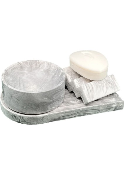 Elite 3 Parça Mermer Desenli Beton Banyo Düzenleyici Katı Sabunluk Sunum Tepsisi Çok Amaçlı Kase Takılık 1 Adet