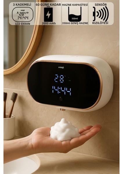 Elite Mio SM01 Saatli 2000MAH Şarjlı Dijital Ekranlı 350ML Köpük Sabunluk Dispenser - Beyaz 1 Adet