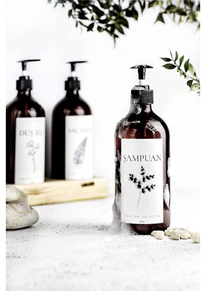 Elite Çiçekli Etiketli Cam Şampuan Etiketli Amber Şişe 500 ml 1 Adet
