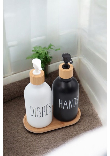 Elite Premium Cam Sıvı Sabunluk Seti – 2’li | Bambu Altlıklı | 500 ml | Estetik & Fonksiyonel- 3 Parça 1 Adet