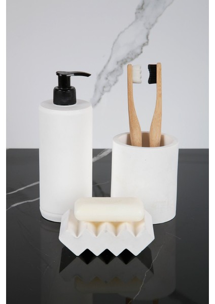Elite 3 Parça Mermer Desenli Beton Banyo Seti Sıvı Sabunluk Diş Fırçalığı Katı Sabunluk 1 Adet