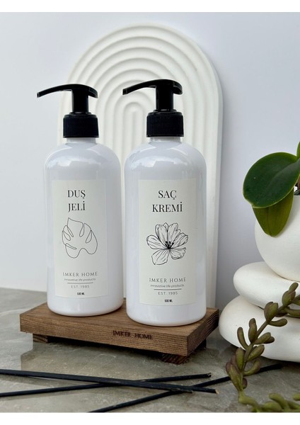Elite Çıtalı Ahşap Stantlı Beyaz Plastik Duş Jeli Saç Kremi Şişesi 500ML Sabunluk 1 Adet