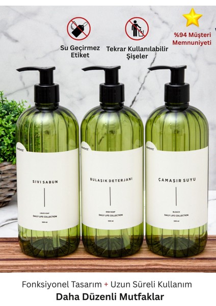 Elite Sıvı Sabun Bulaşık Deterjanı Çamaşır Suyu Etiketli Plastik 3'lü Yeşil Şişe 500ML 1 Adet