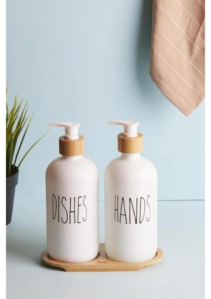 Elite Lotion 2’li Beyaz Mutfak Sıvı Sabunluk Seti 500ML+500ML Bambu Tepsili 1 Adet