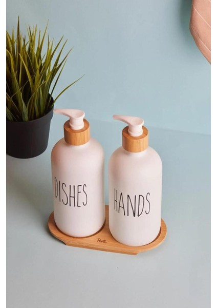 Elite Lotion 2’li Beyaz Mutfak Sıvı Sabunluk Seti 500ML+500ML Bambu Tepsili 1 Adet