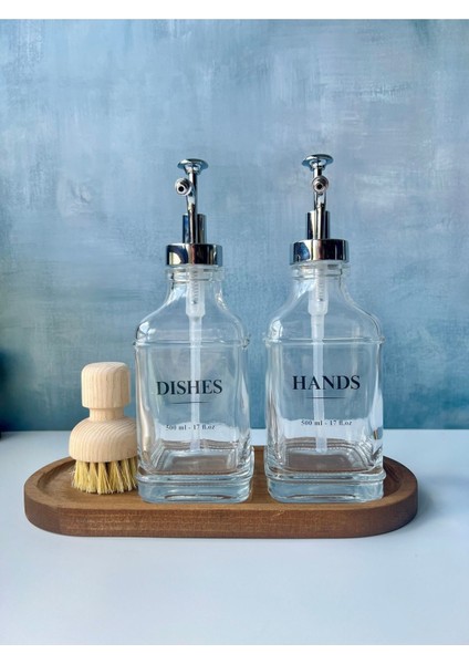 Elite Ahşap Altlıklı Sabunluk & Deterjanlık | Dishes, Hands, Soap, Lotion Etiketli ve Mühür Fırça Set 1 Adet