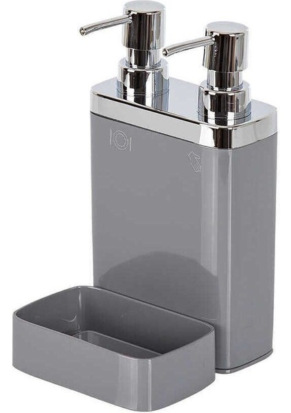 Elite Gri Sünger Hazneli Mutfak Sıvı Sabunluk (300 Ml) ve Bulaşık Deterjanlık (500 Ml) 1 Adet