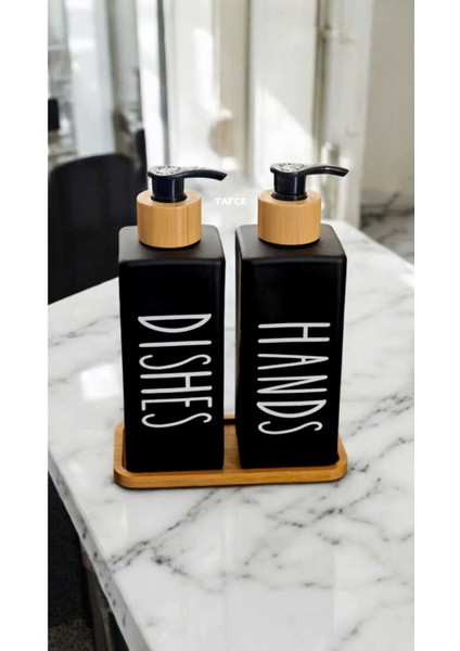 Elite Hands Dishes Bambu Standlı Siyah Cam Sıvı Sabunluk Seti 2'li Set 1 Adet