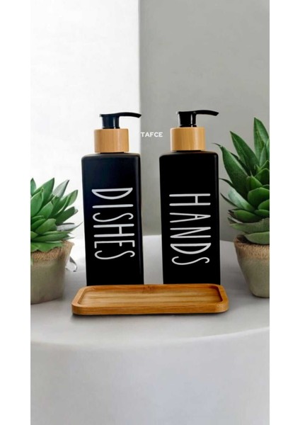 Elite Hands Dishes Bambu Standlı Siyah Cam Sıvı Sabunluk Seti 2'li Set 1 Adet