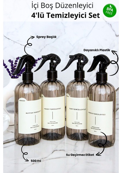 Elite Banyo Mutfak Yüzey Cam Temizleyici Etiketli Spreyli Plastik Şişe Seti 4'lü Füme Sabunluk 500 ml 1 Adet indirimleri