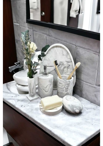 Elite 6'lı Mermer Desen Beton Banyo Seti ,sıvı Sabunluk Diş Fırçalığı Aksesuar Takımı 1 Adet modelleri