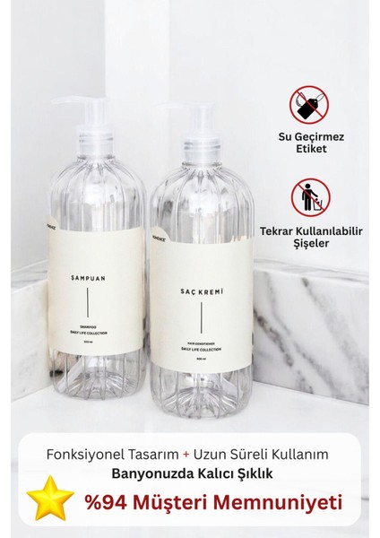 Elite Şampuan Saç Kremi Etiketli Plastik Şişe Seti 2'li Şeffaf Sabunluk 500 ml 1 Adet