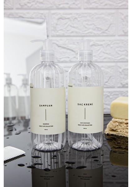 Elite Şampuan Saç Kremi Etiketli Plastik Şişe Seti 2'li Şeffaf Sabunluk 500 ml 1 Adet