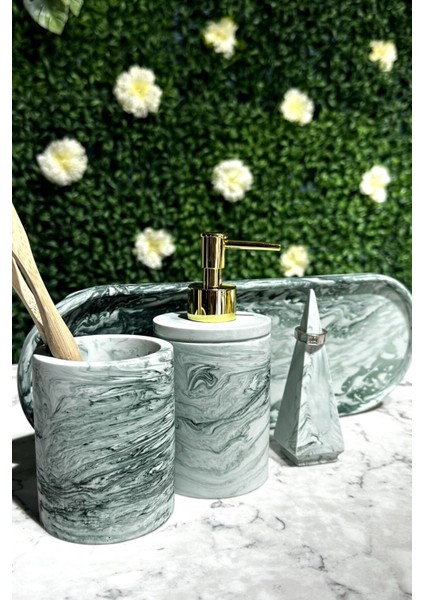 Elite 4 Parça Mermer Desenli Beton Banyo Seti Sıvı Sabunluk Diş Fırçalık Yüzüklük Sunum Tepsisi 1 Adet