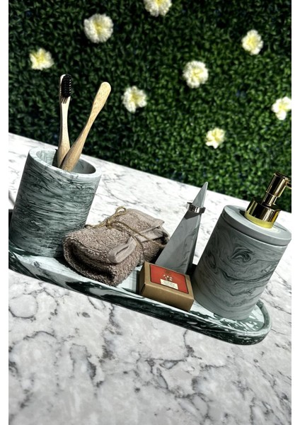 Elite 4 Parça Mermer Desenli Beton Banyo Seti Sıvı Sabunluk Diş Fırçalık Yüzüklük Sunum Tepsisi 1 Adet fiyatları